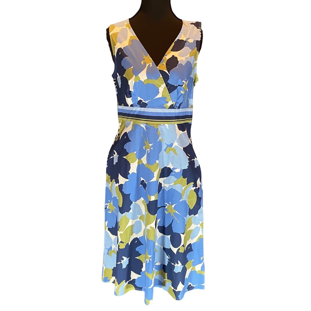 Croft & Barrow Blue Green Floral Sleeveless V-Neck A-Line Dress Size 6 Coastal